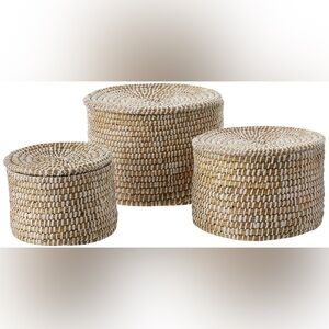 Creative-CoOp set of 3 Woven Seagrass Baskets with lid - Natural and White